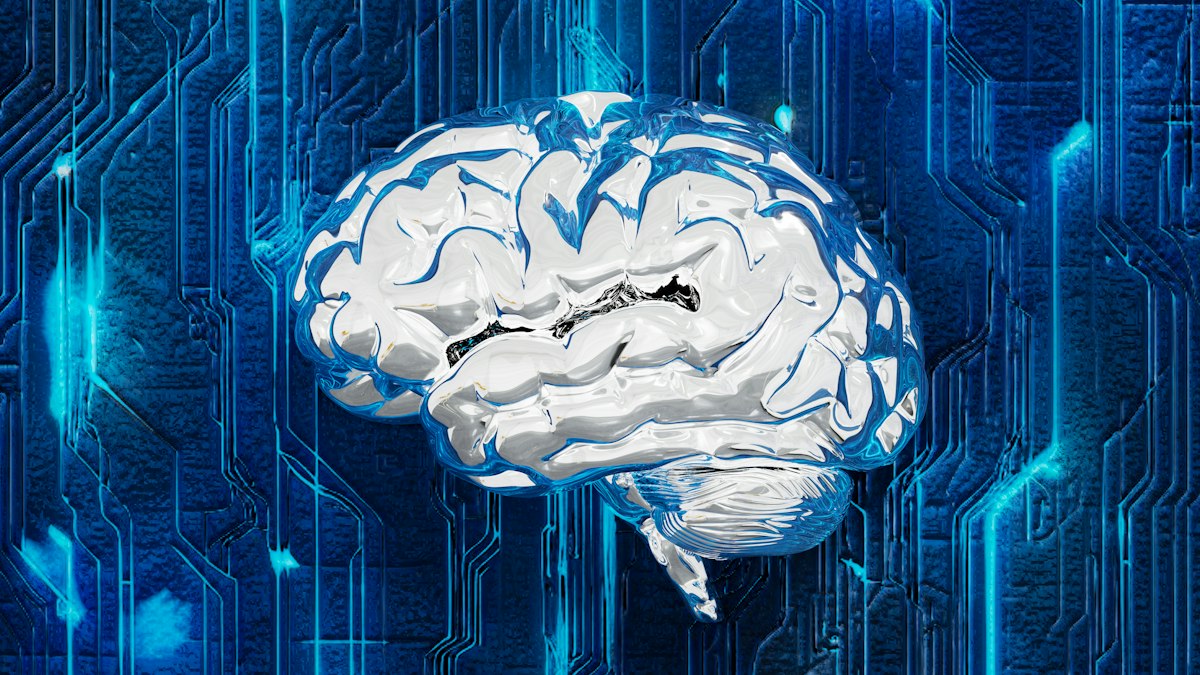 Illustration of an artificial neural network overlaid on a human brain